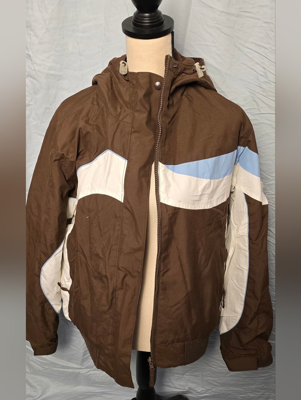 Women's Brown Hooded Ski Jacket with Light Blue & Cream Color-Block